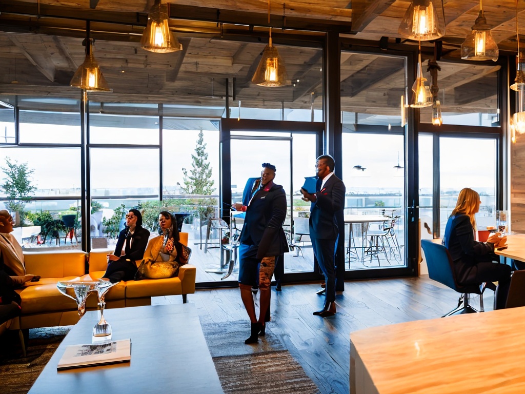 RAW photo, a real estate office interior with agents discussing property options, stylish decor and technology in focus, capturing the essence of a modern real estate agency, 8k UHD, sharp details, natural lighting, film grain, Fujifilm XT4